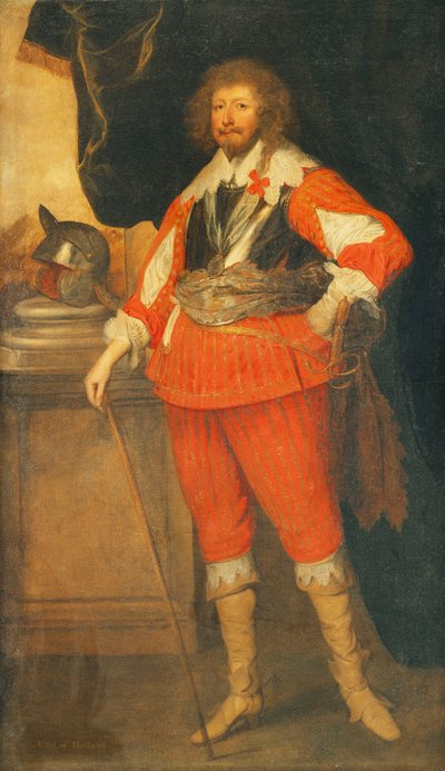 Retrato de un noble, se dice que es Henry Rich, primer conde de Holland, de cuerpo entero, con una coraza, faja y espada, su mano descansando en un bastón, un casco en un pedestal, de pie ante una columnata con cortinas de Anthony van Dyck