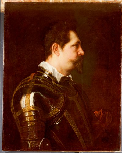 Retrato de un general, busto, con armadura damasquinada con cuello blanco y banda roja de Anthony van Dyck