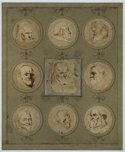 Hoja de colección con nueve cabezas de estudio en medallones de Anthony van Dyck