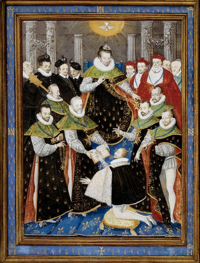 El rey Enrique III (1551-1589) presidiendo la primera ceremonia de la Orden del Espíritu Santo en 1587. Miniatura de William Richardiere (siglo XVI) después de Antoine Caron (1521-1599) 1587 Chantilly, Museo Condé de Antoine (after) Caron
