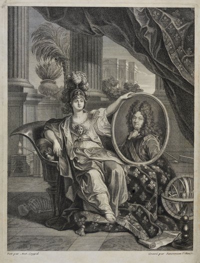 Luis XIV, Rey de Francia, Protector de las Ciencias - grabado por Antoine Coypel Historia de la Real Academia de Ciencias, año 1703 de Antoine (after) Coypel