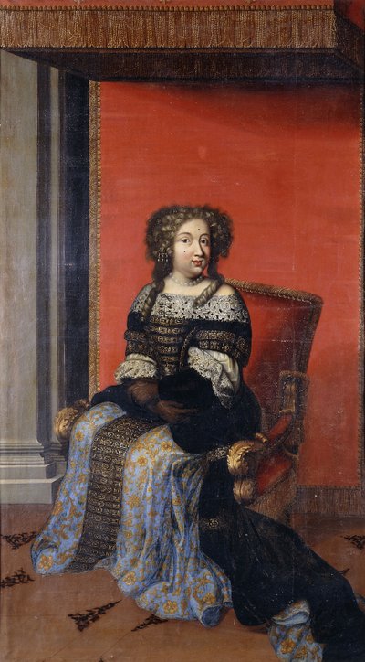 Retrato de la reina María Teresa, sentada de cuerpo entero, con un corpiño negro con incrustaciones de joyas y cuello de encaje y una falda azul y dorada, en un trono (óleo sobre lienzo, sin forrar) de Antoine (after) Dieu