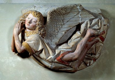 Ángel volador Relieve en piedra caliza policromada atribuido a Antoine le Moiturier (1425-1495) y destinado a "La Mise au tombeau ofrecida por Jaquotin Ogier y su esposa Pernette". de la Capilla de los Carmelitas en Semur en Auxois. 1490 aprox. de Antoine (attr. to) Le Moiturier