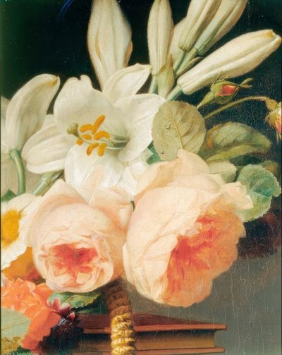Ramo de lirios y rosas en una canasta sobre una chiffonniere (detalle) de Antoine Berjon