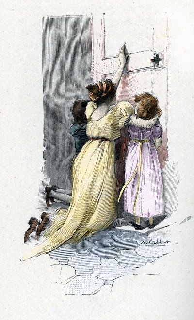 Josefina de Beauharnais llorando con sus hijos Hortense y Eugenio a la puerta de la habitación de Napoleón Bonaparte (1769-1821) negándose a abrirle tras enterarse de aventuras extramatrimoniales durante su estancia en Egipto. de Antoine Calbet