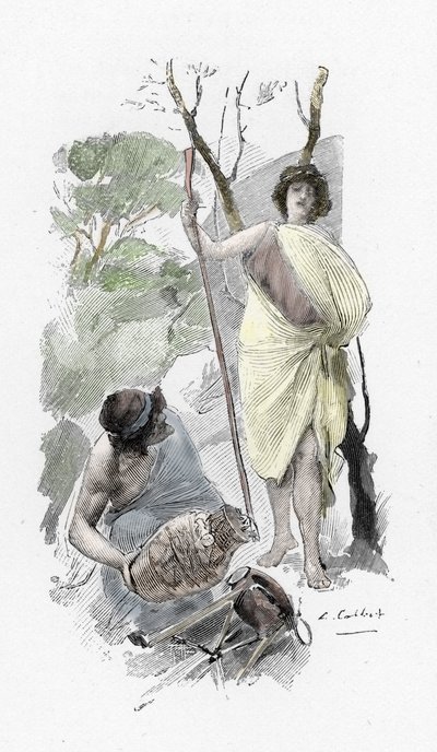 Odisea de Homero: canto XIII: Athena deguisee as a young shepherd welcomes Ulysses a Ithaque (Odisea de Homero: Odiseo regresa a Ítaca y se encuentra con Atenea disfrazada de pastorcillo) Ilustración de Antoine Calbet (1860-1944) para "La odisea" del grieg de Antoine Calbet