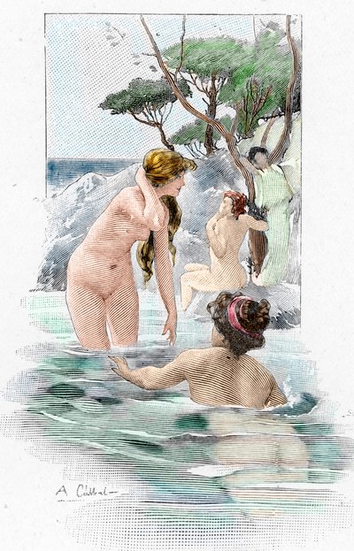 Odisea de Homere: "Nausicaa, hija del rey Alcinoo, y sus siervas lavando sus ropas en el río" Ilustración de Antoine Calbet (1860-1944) para "La odisea" del poeta griego Homero (Odisea de Homero) 1897 Colección particular de Antoine Calbet