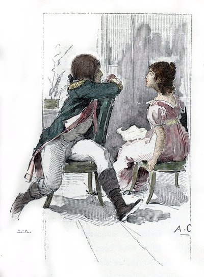Portrait of Napoleon Bonaparte (1769-1821) with his fiancee Desiree Clary (1777-1860) c. April 1795 (Retrato de Desiree Clary en el momento de su compromiso con Napoleón Bonaparte, abril de 1795) Dibujo de Antoine Calbet extraído de "Napoleon et les femmes de Antoine Calbet