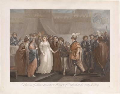Catherine van Valois y koning Hendrik V van Engeland Catalina de Francia presentada a Enrique V. de Inglaterra, en el tratado de Troya (título sobre el objeto) de Antoine Cardon