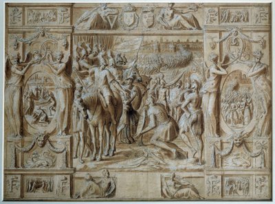 La Sumisión de Milán. Las tropas de Francisco I tomaron la ciudad de Milán tras la victoria en la Batalla de Marignano en 1515. Dibujo en pluma y lavado por Antoine Caron (1521-1599) siglo XVI París, Museo del Louvre de Antoine Caron
