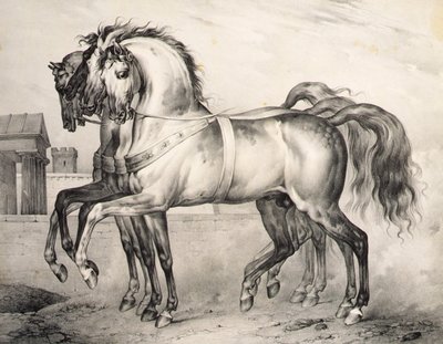 Los caballos montados por Luis Felipe, el Duque de Orleans en la Batalla de Valmy, grabado por Victor Adam c.1834-38 de Antoine Charles Horace Vernet