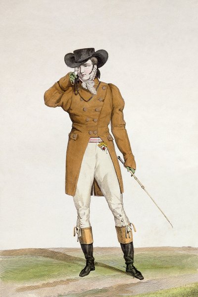 Un dandi vestido con un sombrero en forma de barco, una chaqueta de color pardo y pantalones de gamuza, placa 1 de la serie 