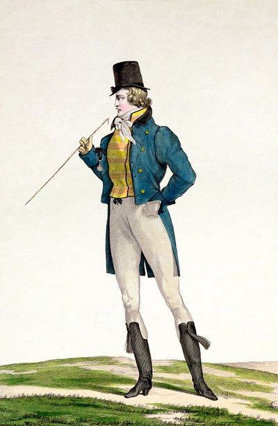 Un dandi con sombrero Robinson, con rizos infantiles, pantalones de punto y botas de montar, placa 5 en la serie Incroyable et merveilleuse de placas de moda, grabado por Georges Jacques Gatine de Antoine Charles Horace Vernet