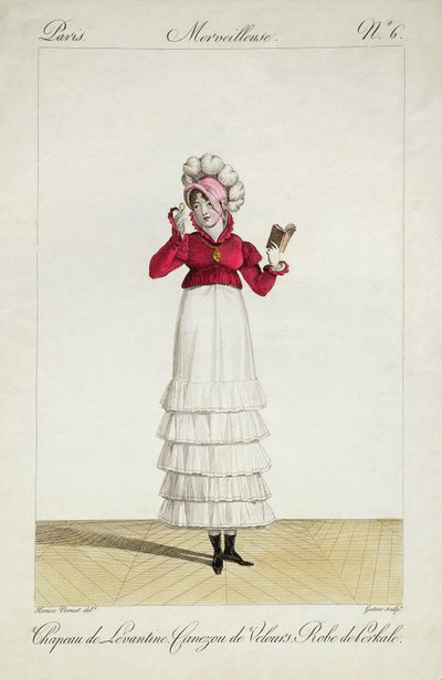 Una dama con sombrero levantino, falda escalonada y chaqueta de terciopelo, lámina 6 de la serie 