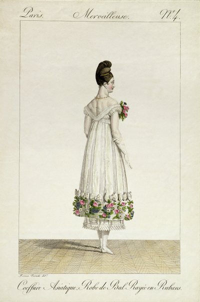Una dama con peinado asiático en un vestido de baile adornado con cintas, lámina 4 de la serie 
