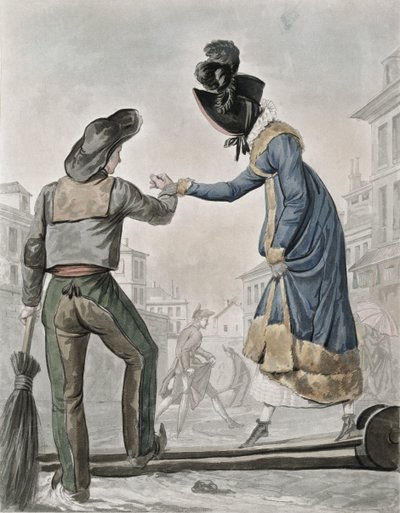 Una mujer pagando a un barrendero para cruzar una pasarela sobre una calle sucia de Antoine Charles Horace Vernet