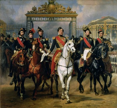 El rey Luis Felipe (1773-1850) de Francia y sus hijos saliendo del castillo de Versalles a caballo, 1846 de Antoine Charles Horace Vernet