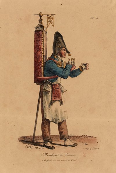 El Vendedor de Tisana, número 13 de la serie Los Gritos de París, grabado por François Seraphin Delpech de Antoine Charles Horace Vernet