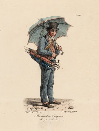 El vendedor de paraguas y parasoles, número 23 de la serie Los gritos de París, grabado por François Seraphin Delpech (1778-1825) de Antoine Charles Horace Vernet