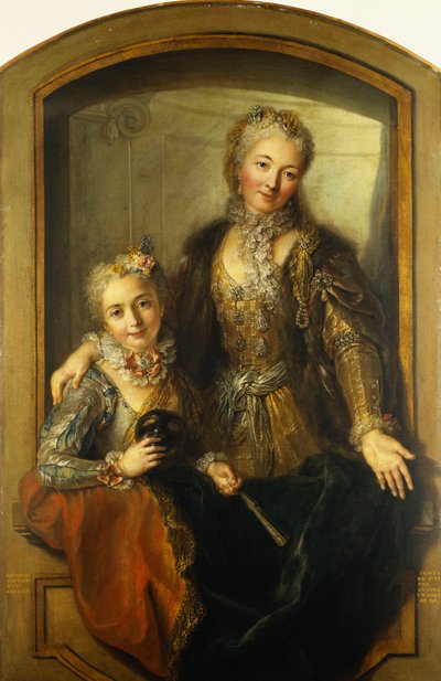 Retrato de Madame Dupille y su hija, medio cuerpo, vestidas con trajes de baile en una ventana, 1733 de Antoine Coypel