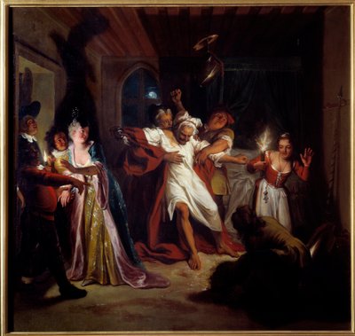 Don Quijote durmiendo lucha contra los odres. "El ingenioso hidalgo Don Quijote de la Mancha" de Miguel de Cervantes Saavedra (1547-1616) de Antoine Coypel