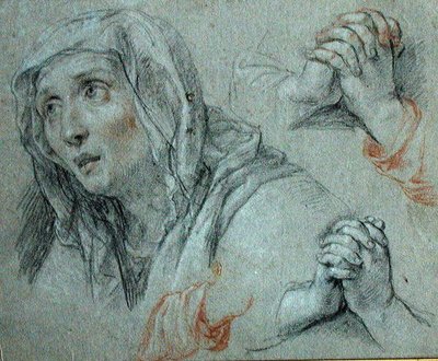 Estudios para la figura de la Virgen, c.1700 (tiza negra y roja realzada con blanco sobre papel) de Antoine Coypel