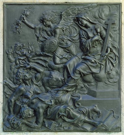El Ángel de Francia Expulsando a los Herejes, detalle del pedestal de una estatua de Luis XIV, c.1687 de Antoine Coysevox