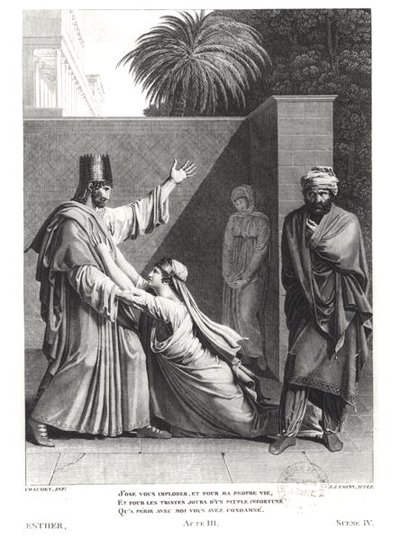 Ester implorando a Asuero en presencia de Amán, ilustración de Ester de Jean Racine, grabado por J.J. Coiny de Antoine Denis Chaudet