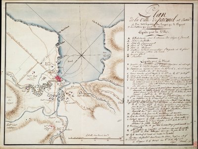 Vecindad de Jacmel, utilizada para indicar las líneas y posiciones ocupadas durante el bloqueo y las baterías establecidas para construir las defensas sitiadas. de Antoine François Sorrel des Rivieres