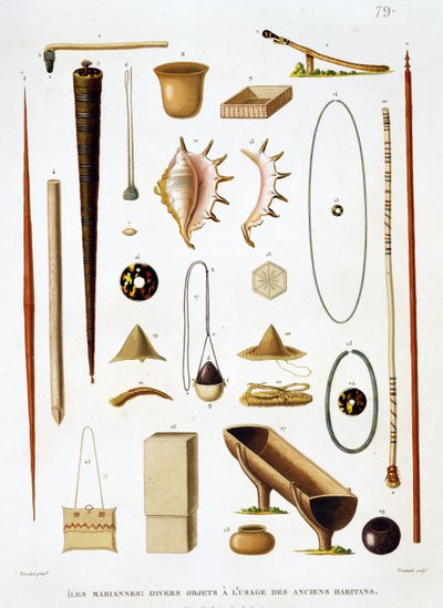 Utensilios domésticos y armas de las Islas Marianas, de Voyage autour du Monde (1817-20), por Louis Claude Desaulses de Freycinet (1779-1842) grabado por Jean Louis Denis Coutant (1776-1831), p de Antoine Germain Bevalet