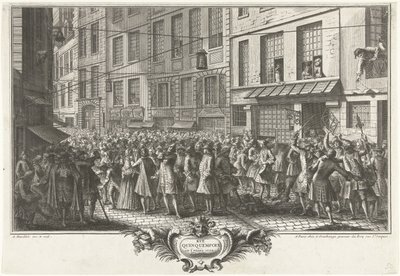 Desde la calle Quinquempoix, 1720 Rue Quinquempoix en el año 1720 (título sobre objeto) Het Groote Tafereel der Dwaasheid (título de la serie) de Antoine Humblot