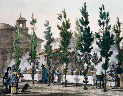 Freidores de comida en el Panteón durante la fiesta de San José, grabado de Antoine Jean-Baptiste Thomas (1791-1834) de Un año en Roma y sus alrededores, Francia de Antoine Jean Baptiste Thomas