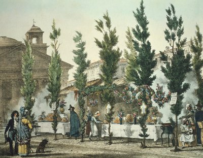 Italia, Roma, vendedores de comida callejera en el Panteón de Antoine Jean Baptiste Thomas