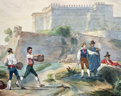 Jugando ruzzica, por Antoine Jean-Baptiste Thomas, litografía en color de Un año en Roma y sus alrededores de Antoine Jean Baptiste Thomas