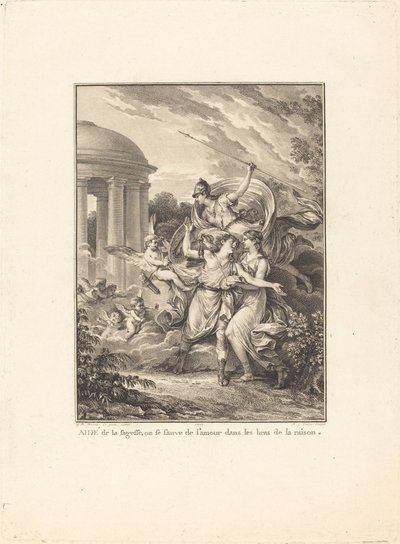 Frontispicio: Ayudado por la sabiduría, uno se salva del amor en los brazos de la razón de Antoine Jean Duclos after Jean Michel Moreau