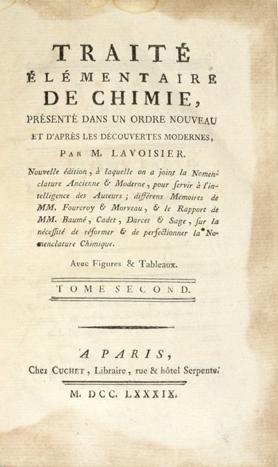 Portada de Traité Élémentaire de Chimie, Tomo II, publicado en París, 1789 de Antoine Laurent de Lavoisier