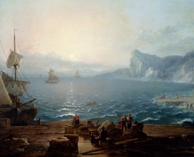 Puesta de sol Un paisaje de acantilados y rocas en el mar, con pescadores en primer plano (detalle) de Antoine Lebel