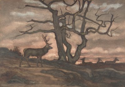 Ciervo y árbol contra el atardecer de Antoine Louis Barye