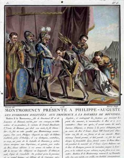Montmorency presentado a Felipe Augusto (1165-1223) después de la Batalla de Bouvines, grabado por Jean Baptiste Morret (fl. 1790-1820) de Antoine Louis Francois (after) Sergent Marceau