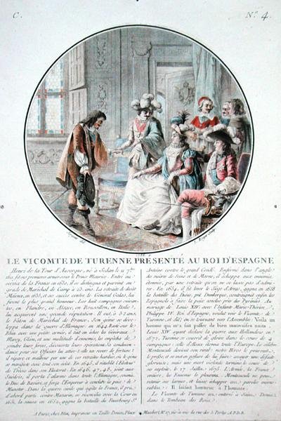 El Vizconde de Turenne (1611-75) es presentado al Rey Felipe IV (1605-65) de España, grabado por L. Roger de Antoine Louis Francois (after) Sergent Marceau