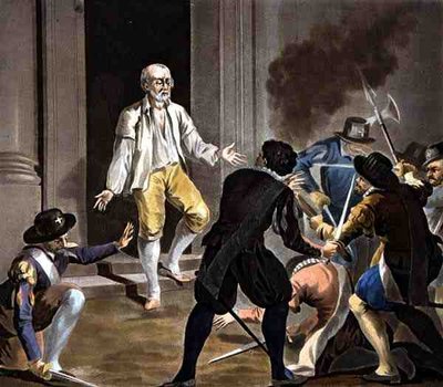 La muerte de Gaspard de Coligny, grabado por Jean Baptiste Morret (fl.1790-1820) 1788 (grabado en color) de Antoine Louis Francois (after) Sergent Marceau