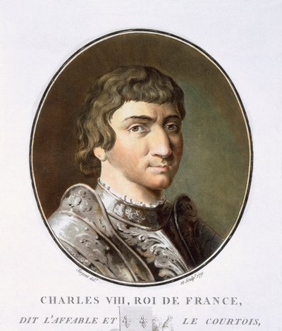 Carlos VIII, de Retratos de grandes hombres, mujeres ilustres y sujetos memorables de Francia, grabado e impreso en colores, publicado por Pierre Blin, 1786-92, París de Antoine Louis Francois Sergent Marceau
