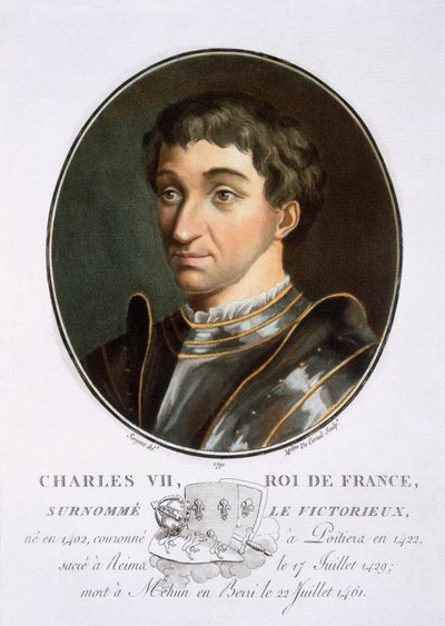 Carlos VII, de Retratos de grandes hombres, mujeres ilustres y sujetos memorables de Francia, grabado e impreso en colores, publicado por Pierre Blin, 1786-92, París de Antoine Louis Francois Sergent Marceau