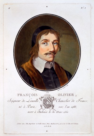 François Olivier Seigneur de Leuville, de Portraits des grands hommes, femmes illustres, et sujets mémorables de France, grabado e impreso en colores, publicado por Pierre Blin, 1786-92, París de Antoine Louis Francois Sergent Marceau