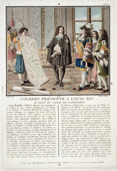 Jean Baptiste Colbert (1619-83) presenta el mapa del Canal du Languedoc a Luis XIV, grabado por Jean Baptiste Morret (fl.1790-1820), 1788 de Antoine Louis Francois Sergent Marceau