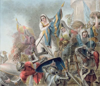 Jeanne Laisne levanta un estandarte contra los hombres de Borgoña, grabado por Morret (fl. 1790-1820) 1787 de Antoine Louis Francois Sergent Marceau