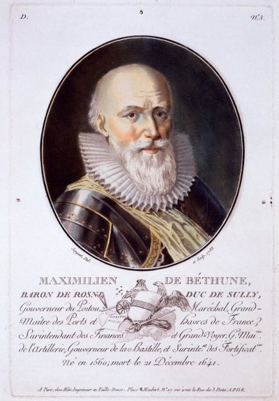 Maximilien de Béthune, Baron de Rosny y Duc de Sully, de Portraits des grands hommes, femmes illustres, et sujets mémorables de France, grabado e impreso en colores, publicado por Pierre Blin, 1786-92, París de Antoine Louis Francois Sergent Marceau