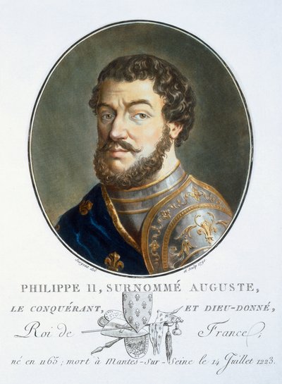 Felipe II Augusto, de Retratos de grandes hombres, mujeres ilustres y sujetos memorables de Francia, grabado e impreso en colores, publicado por Pierre Blin, 1786-92, París de Antoine Louis Francois Sergent Marceau