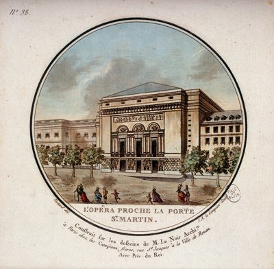 La ópera construida según los dibujos del arquitecto Le Noir cerca de la Porte Saint Martin en París, hoy el teatro de la Porte Saint Martin. En vistas pintorescas de los principales edificios de París por Sergeant de Antoine Louis Francois Sergent Marceau