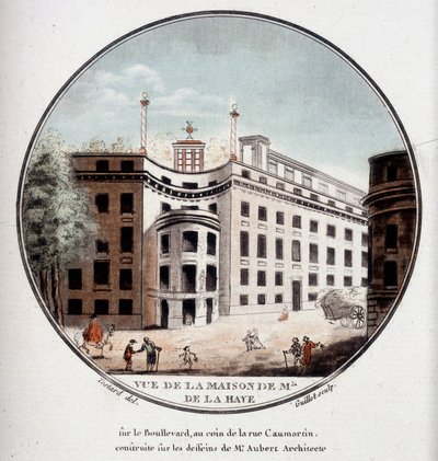 Vista de la casa de Monsieur de La Haye en la esquina de la Rue Caumartin, París, construida según dibujos del arquitecto Aubert. En vistas pintorescas de los principales edificios de París por Sergeant de Antoine Louis Francois Sergent Marceau